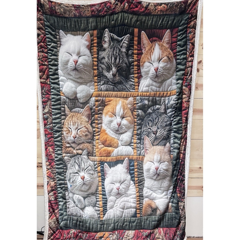 Sleeping‎ Cats Sherpa Fleece Blanket Patchwork Kitten Print Oversized Cozy Throw